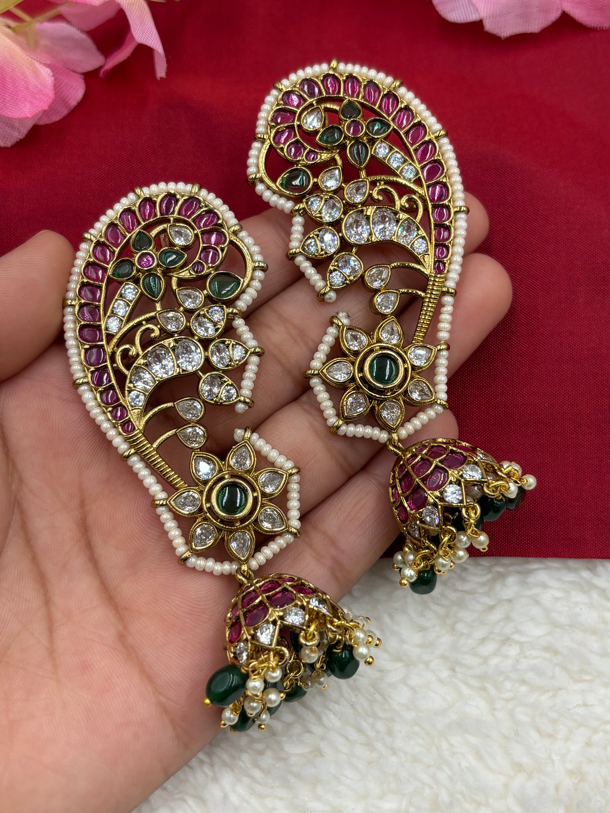 Peacock‑Style Jhumka Earcuff with Ruby, Green Stones & Pearl Detailing – Antique Gold Finish