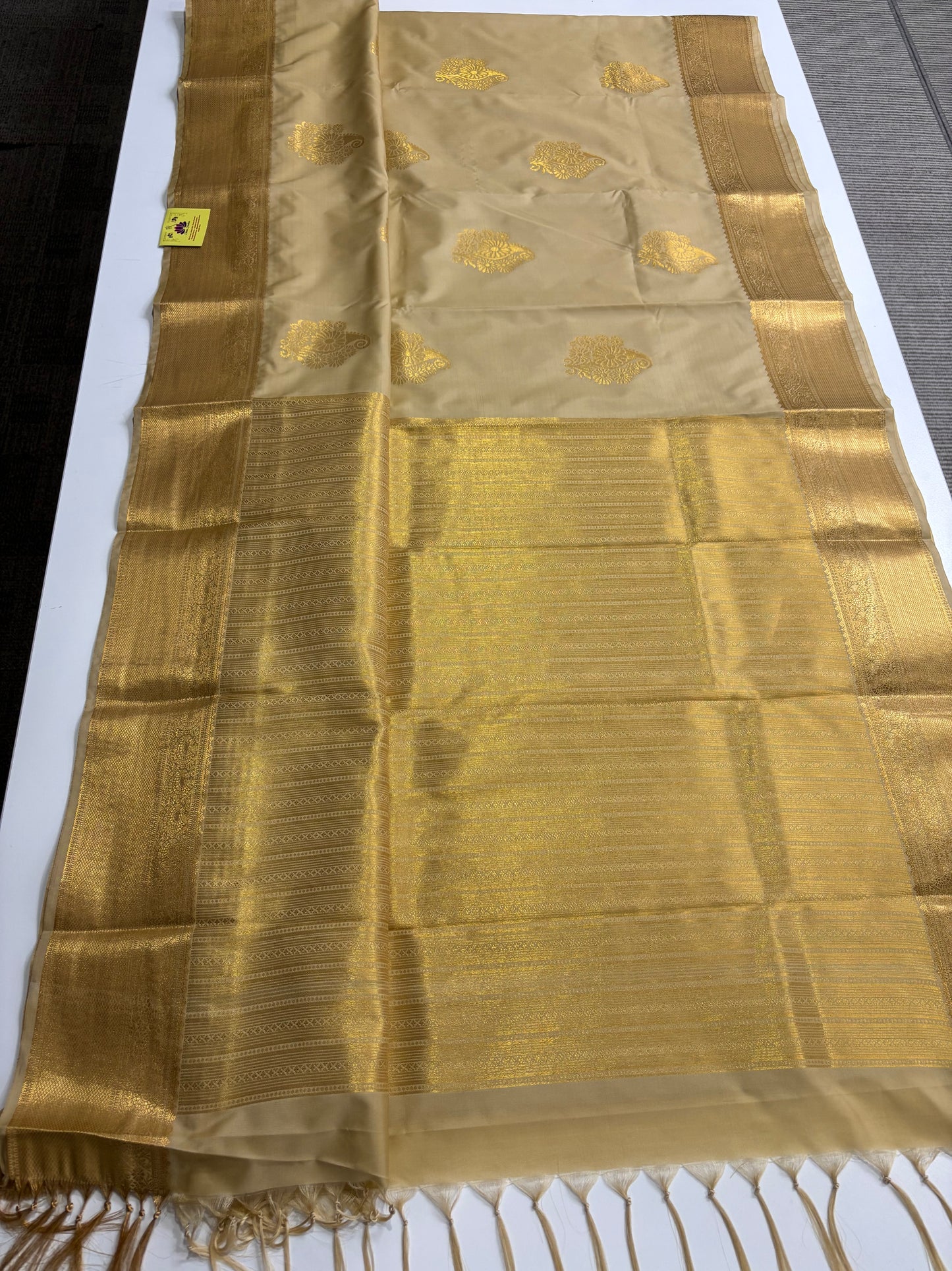 Elegant Beige Semi Silk Saree with Traditional Mango Butta