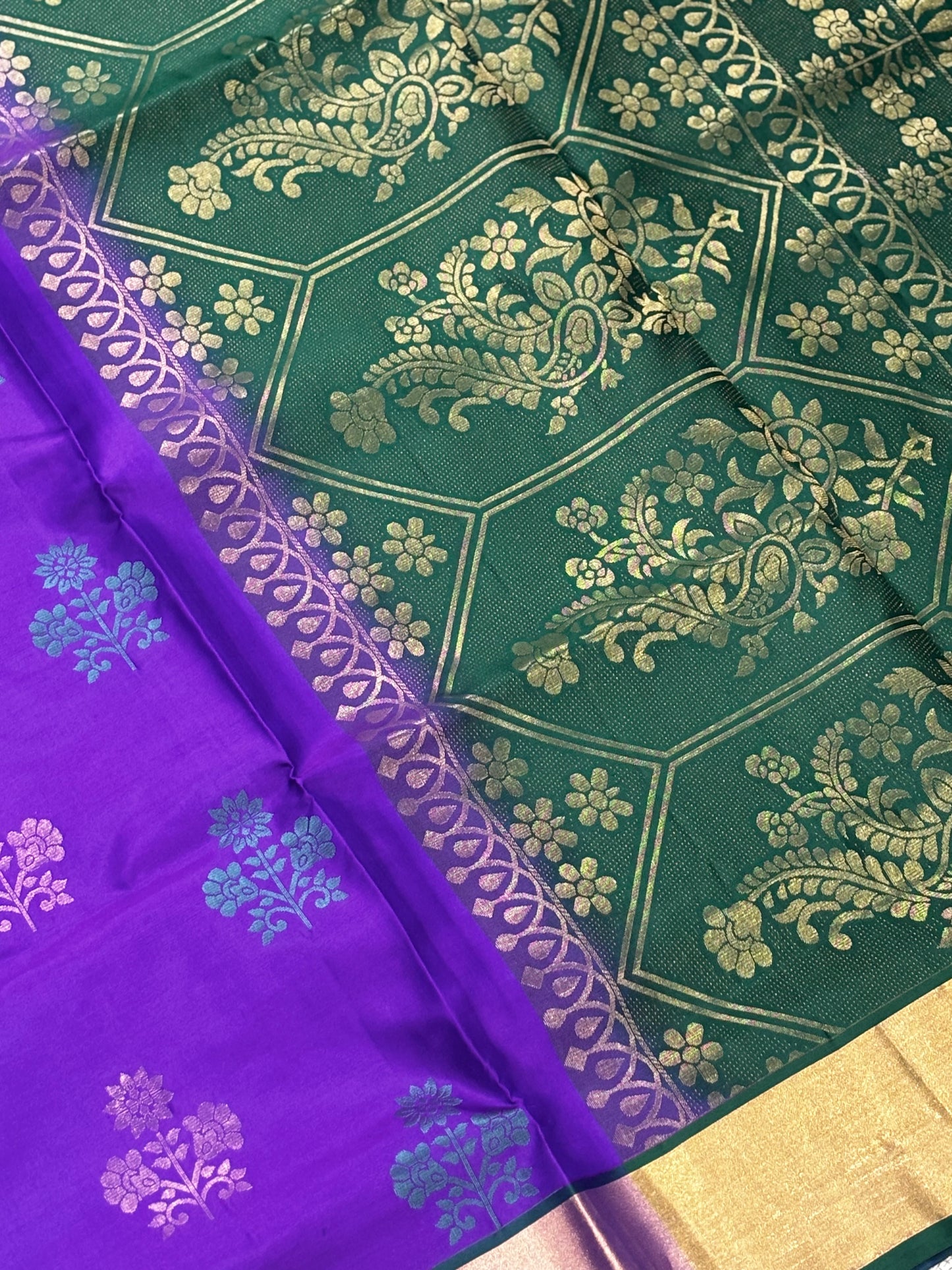 Traditional Pure Kanchipuram Silk Saree – Purple with Green Contrast