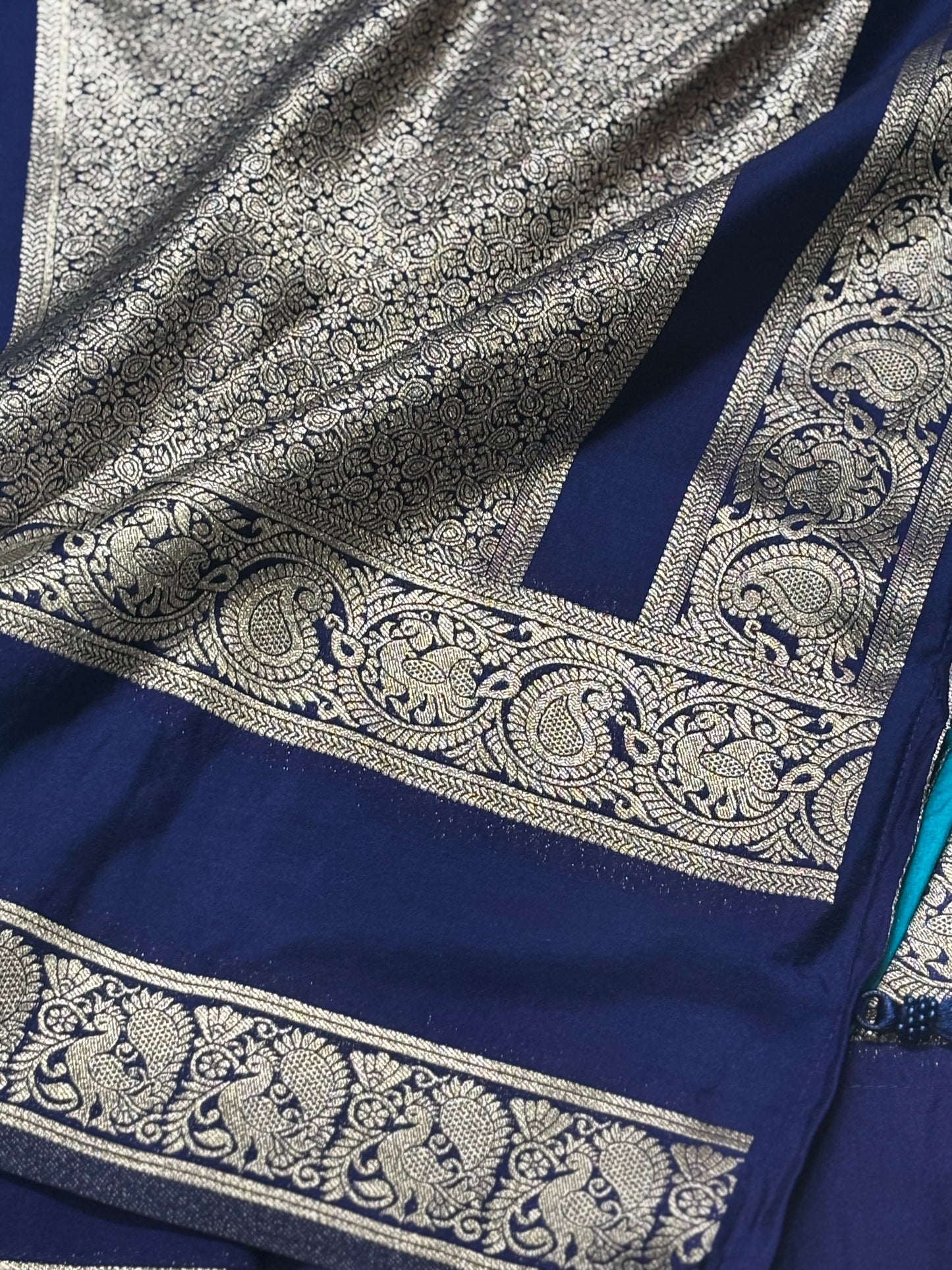 Beautifully Woven Sky Blue Banarasi Soft Silk Saree with Dark Blue Zari Border, Pallu & Contrast Blouse Piece