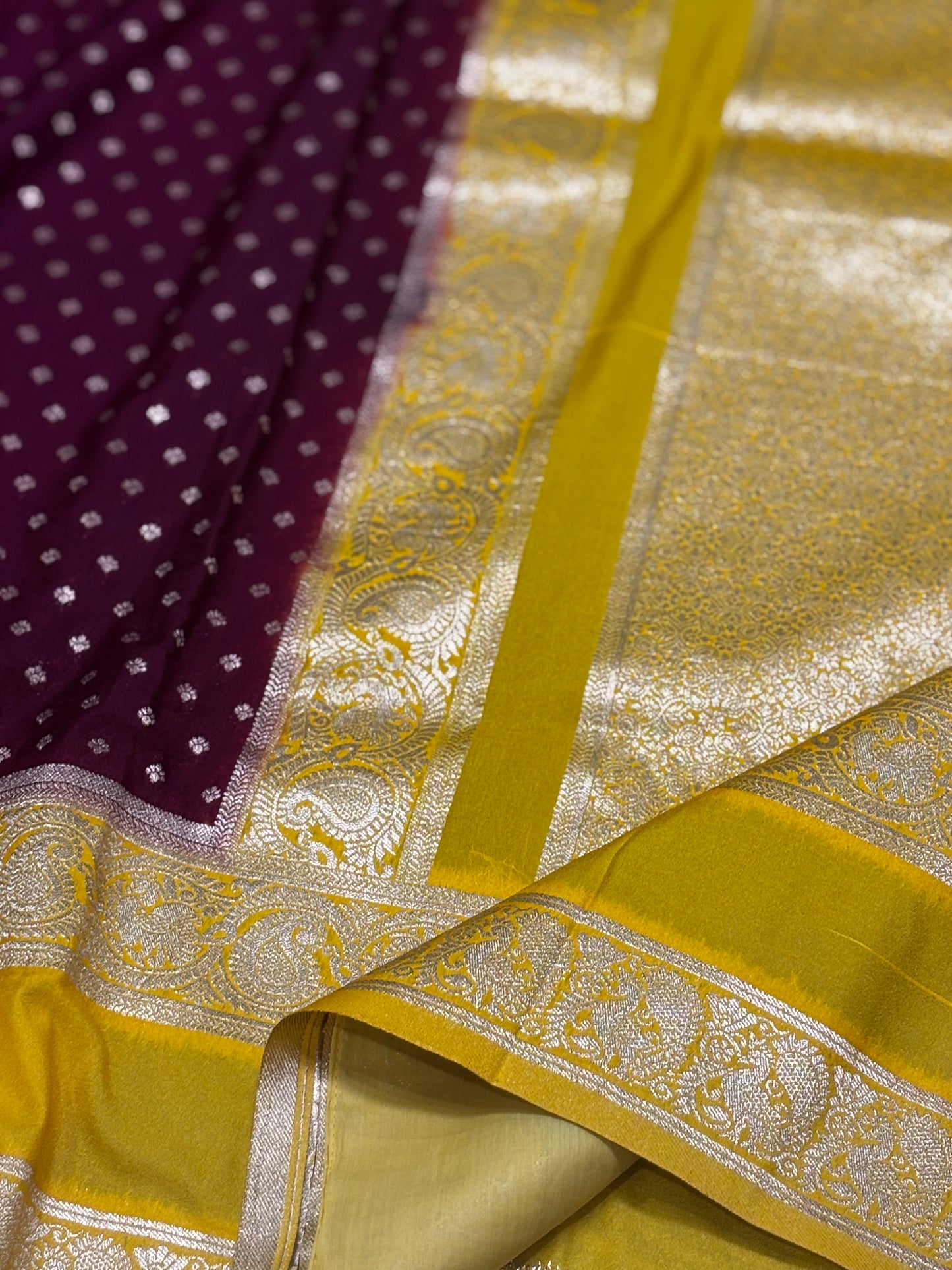 Exquisitely Crafted Wine Banarasi Soft Silk Saree with Vibrant Yellow Border, Pallu & Contrast Blouse Piece | Shrees Fashion