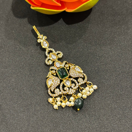 Victorian Stone Tikka with Green Stones and White Pearls – Timeless Regal Elegance