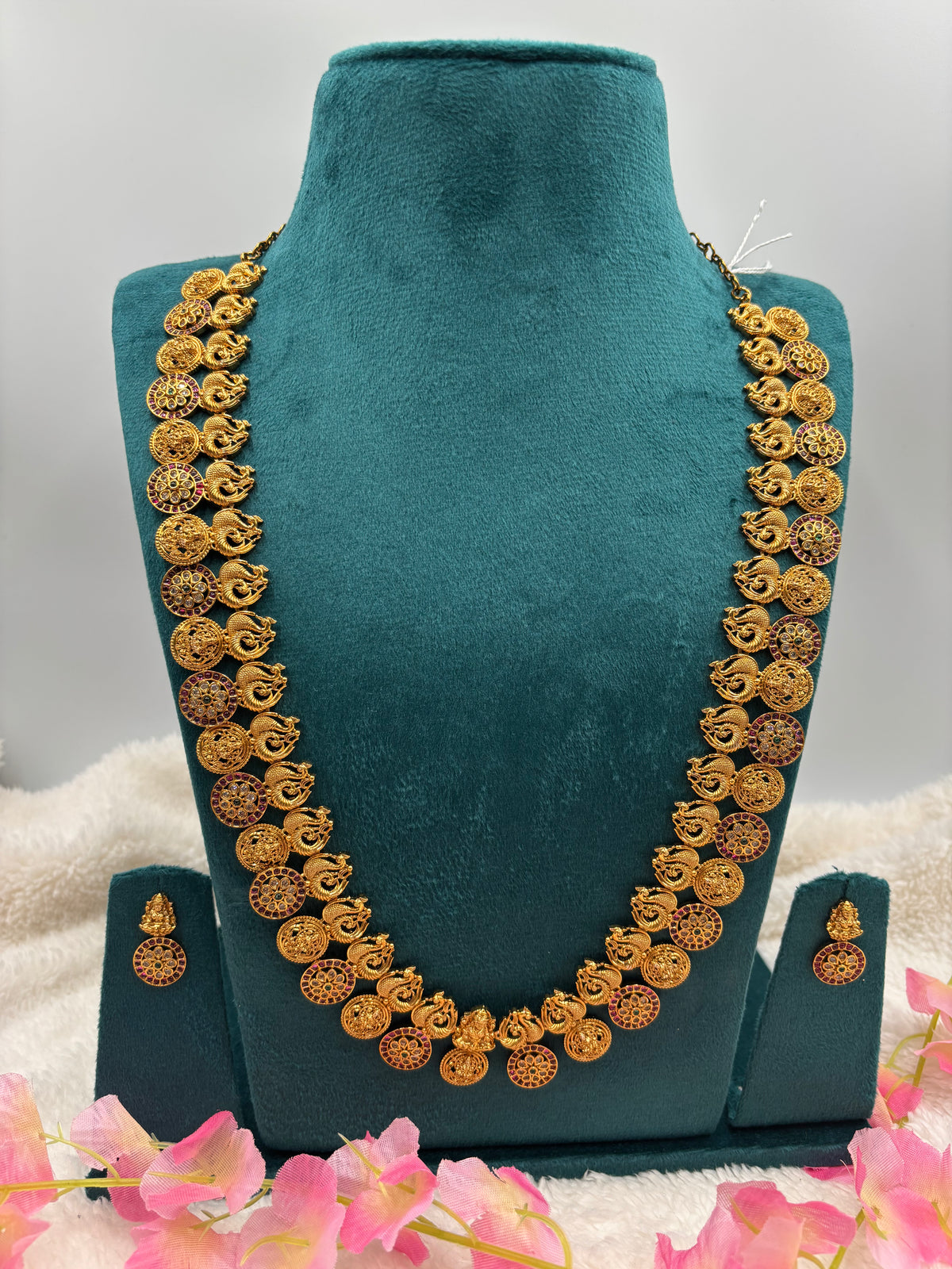 Antique Temple Jewellery Set – Peacock & Lakshmi Coin Long Haram with Earrings