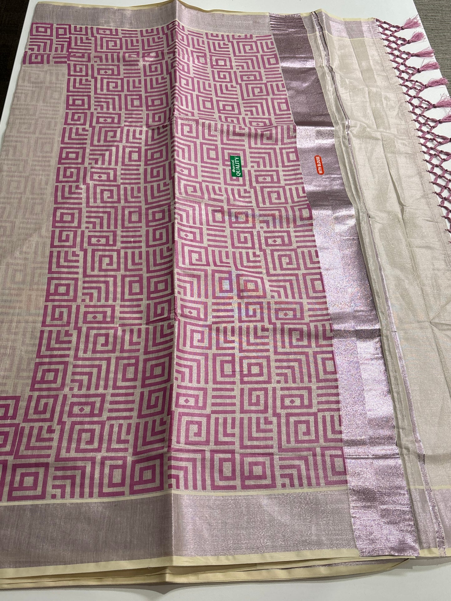 Tissue Silk Kerala Kasavu Saree with Silver Zari & Pink Checks – Traditional & Stylish | Shrees Fashion