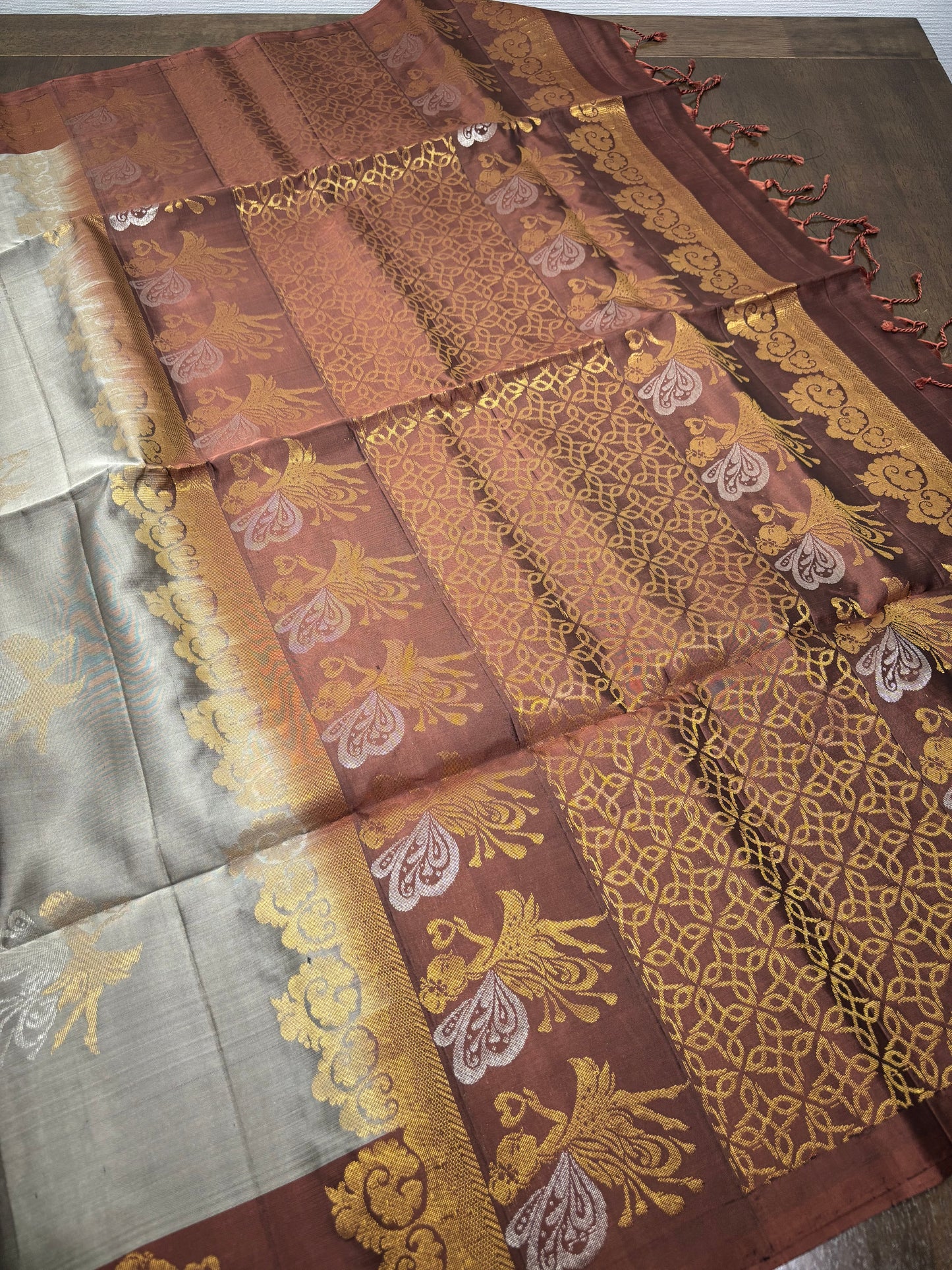 Grey and Brown Kanchipuram Silk Saree with Angel Butta