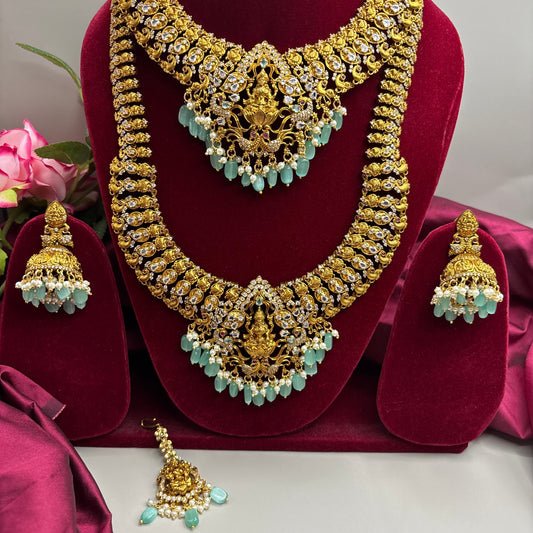 Temple Design Matte Gold Semi-Bridal Set with Sky Blue Motifs, Earrings & Tikka
