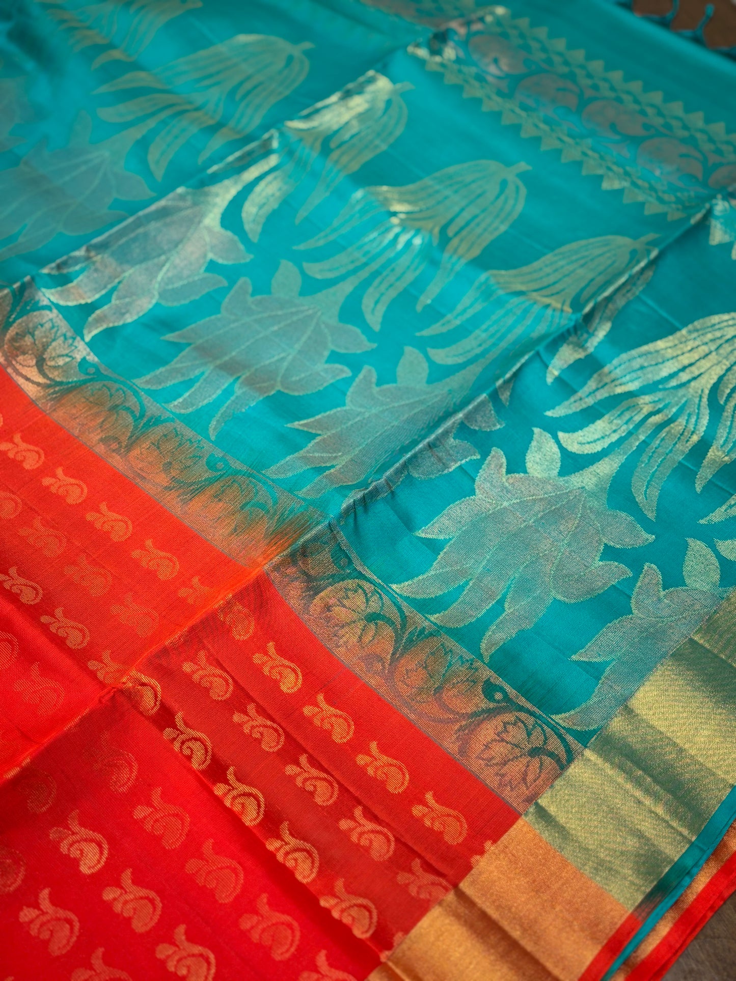 Orange and Tiffany Blue Kanchipuram Silk Saree