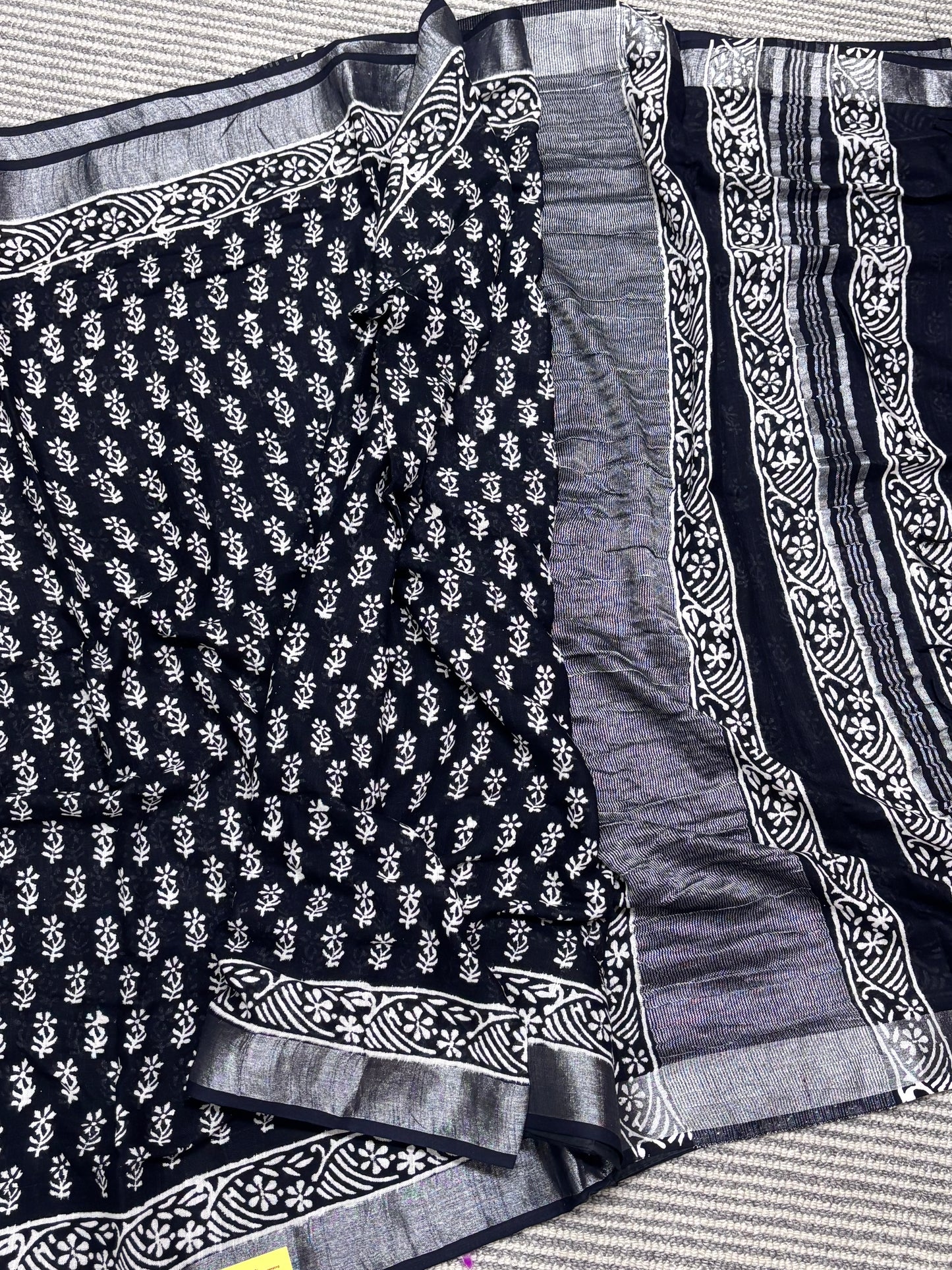 Elegant Black Linen Cotton Saree Featuring Traditional Hand Block Designs | Shrees Fashion