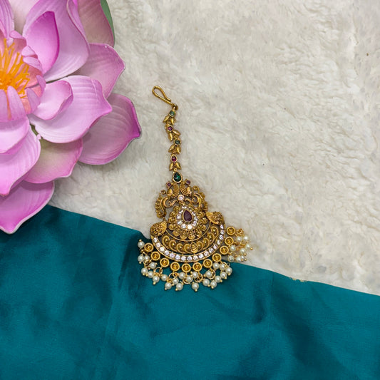 Matte Gold Finish Peacock Design Tikka – Timeless Traditional CharmMatte Gold finish Tikka