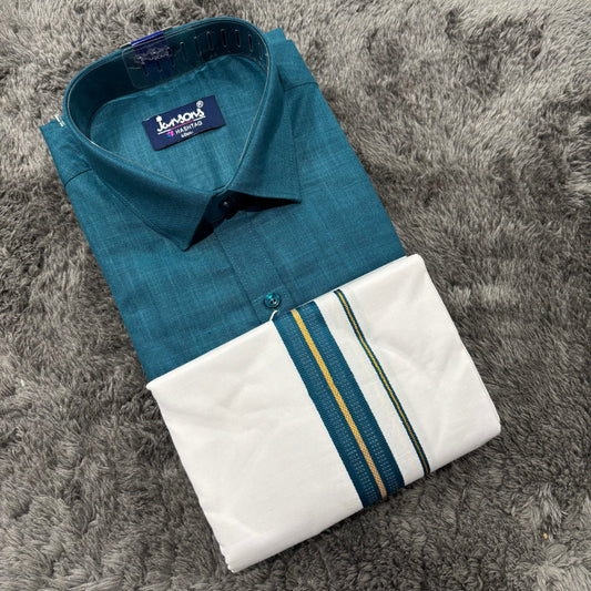 Men’s Peacock Colour Shirt & Vesti Set – Regal South Indian Traditional Wear