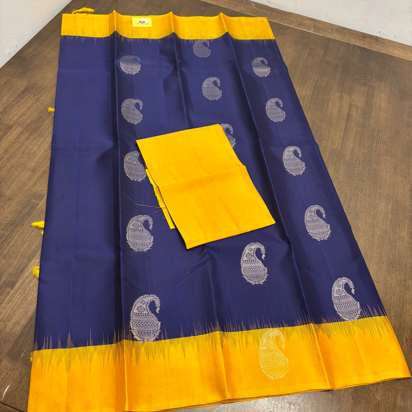 Regal Dark Blue and Yellow Kanchipuram Silk Saree with Silver Zari Work