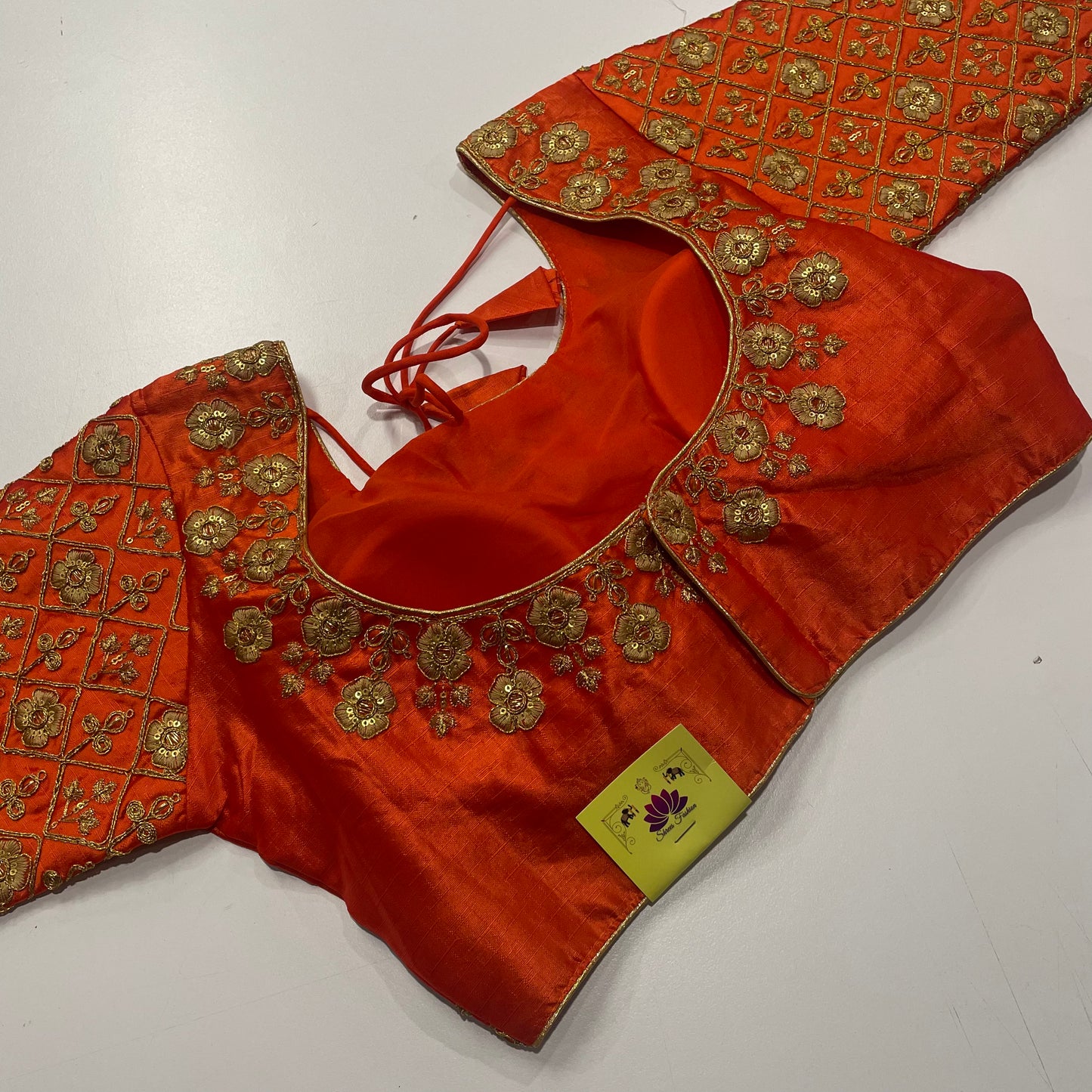 Designer Orange Blouse with Heritage Gold Threadwork
