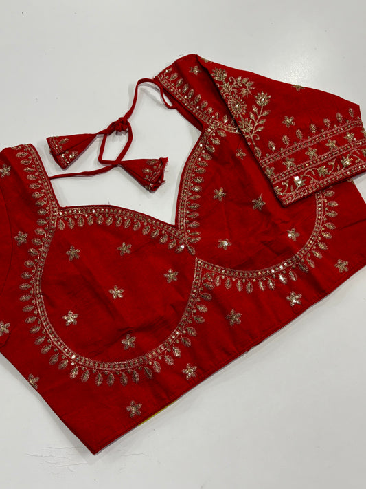 Gracefully Crafted Plus Size Red Traditional Embroidered Silk Saree Blouse with Gold Thread Work & Back Tassels | Shrees Fashion