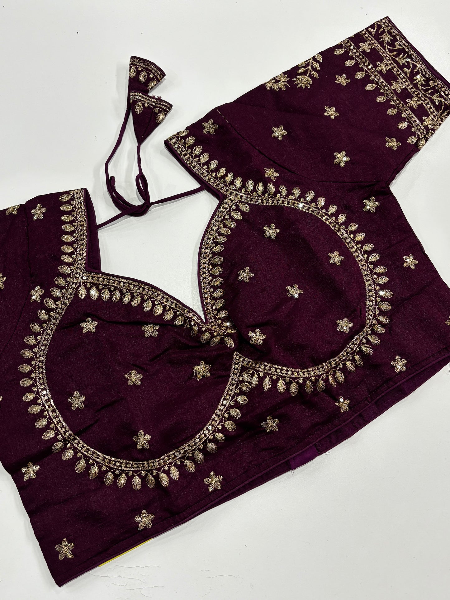 Elegantly Detailed Plus Size Wine Traditional Embroidered Silk Saree Blouse with Gold Thread Work & Back Tassels | Shrees Fashion