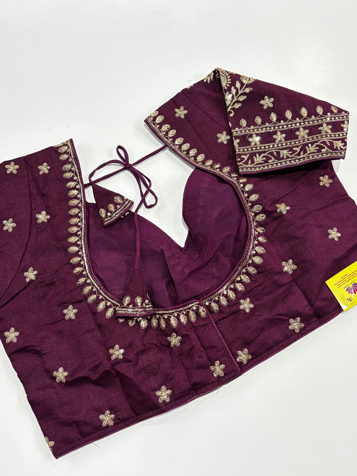 Elegantly Detailed Plus Size Wine Traditional Embroidered Silk Saree Blouse with Gold Thread Work & Back Tassels | Shrees Fashion