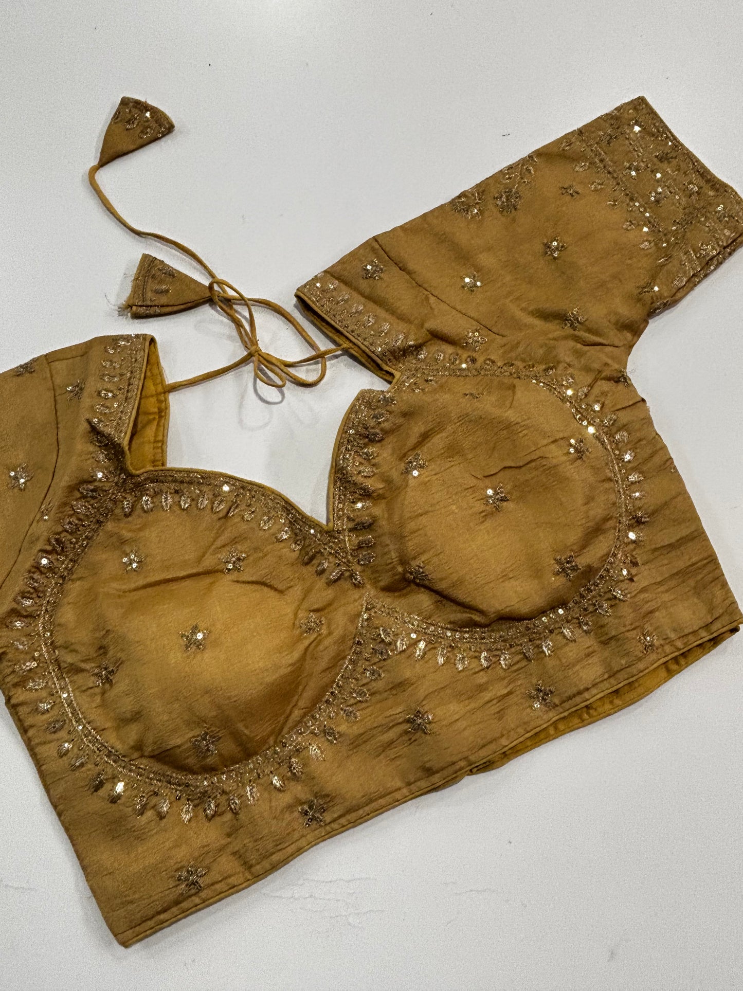 Elegantly Detailed Plus Size Golden Traditional Embroidered Silk Saree Blouse with Gold Thread Work & Back Tassels | Shrees Fashion