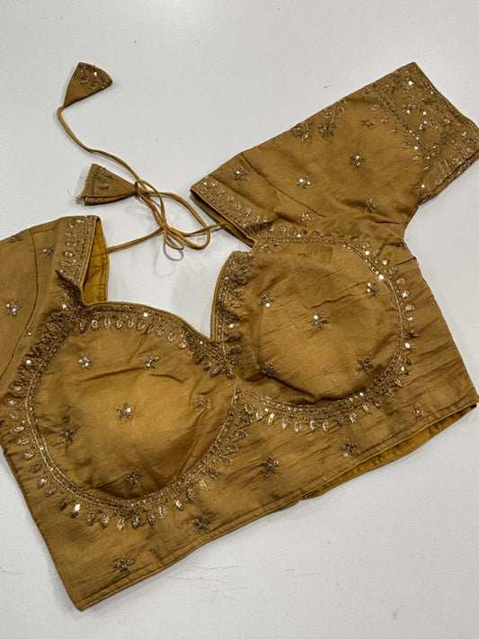 Elegantly Detailed Plus Size Golden Traditional Embroidered Silk Saree Blouse with Gold Thread Work & Back Tassels | Shrees Fashion