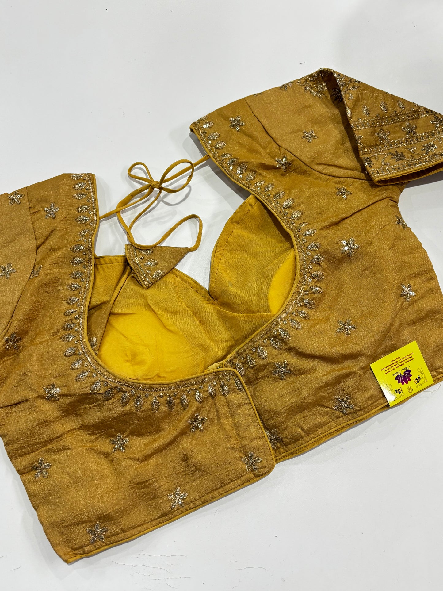 Elegantly Detailed Plus Size Golden Traditional Embroidered Silk Saree Blouse with Gold Thread Work & Back Tassels | Shrees Fashion