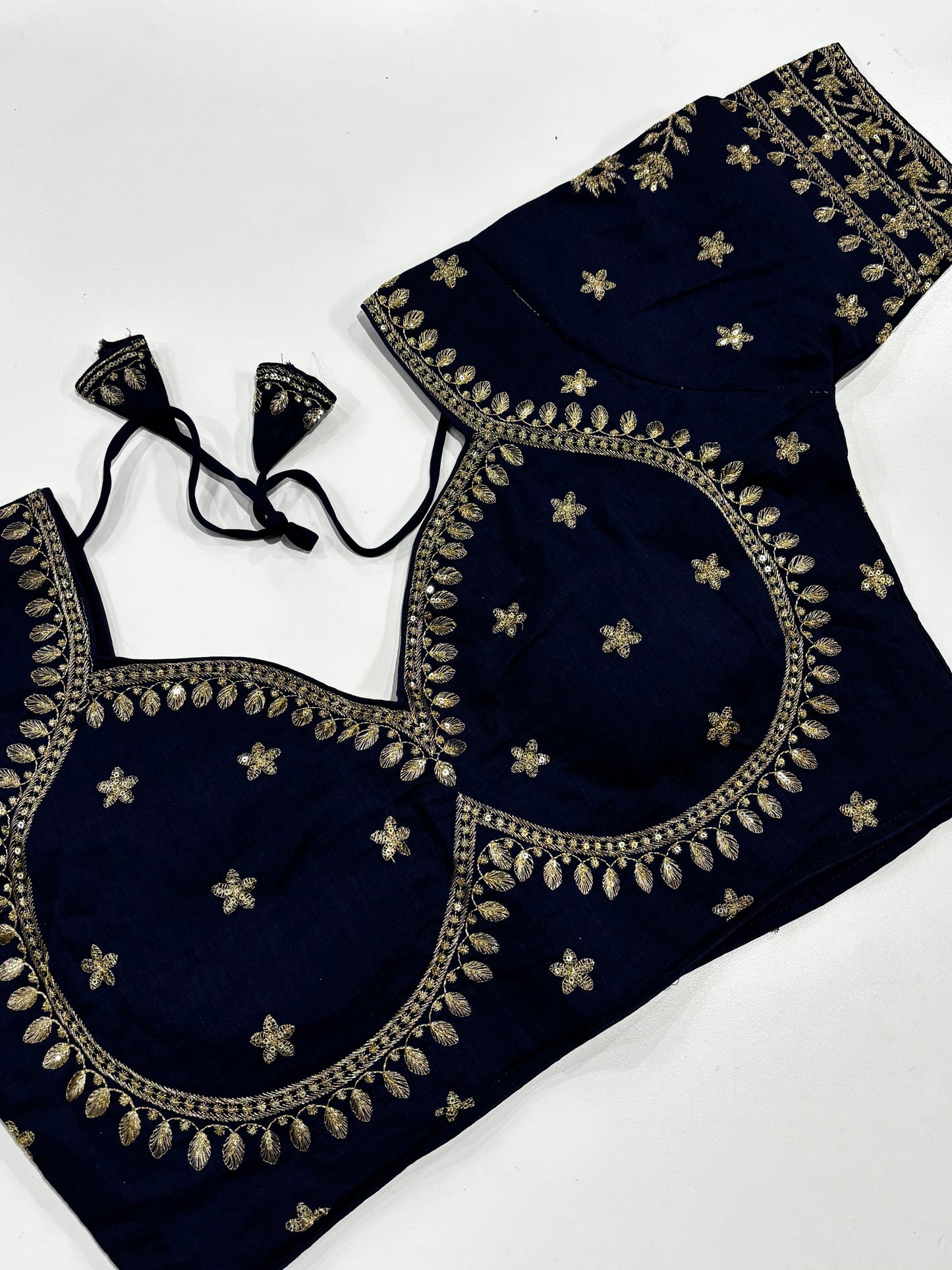 Elegantly Detailed Plus Size Dark Blue Traditional Embroidered Silk Saree Blouse with Gold Thread Work & Back Tassels | Shrees Fashion