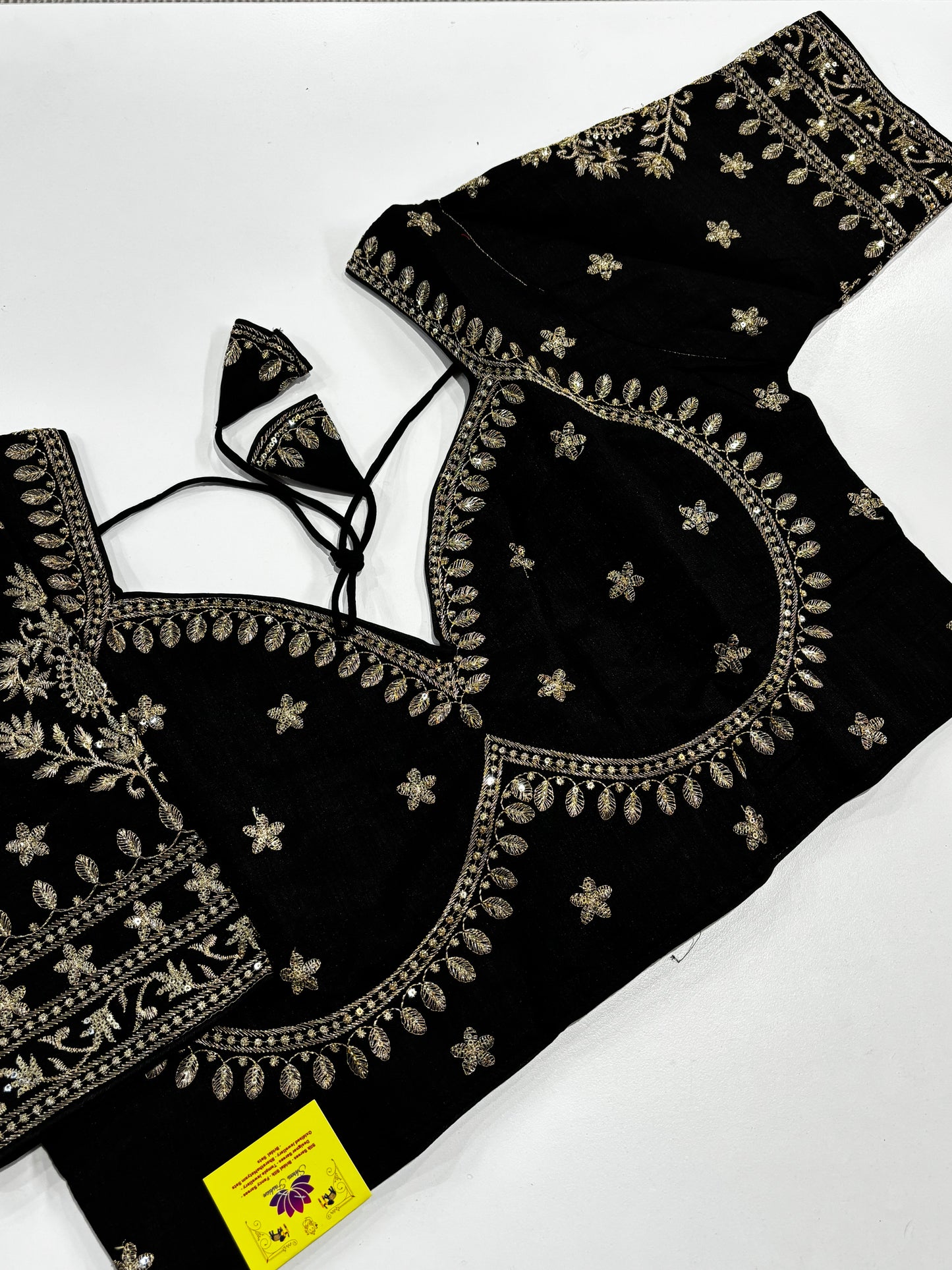 Elegantly Detailed Plus Size Black Traditional Embroidered Silk Saree Blouse with Gold Thread Work & Back Tassels | Shrees Fashion