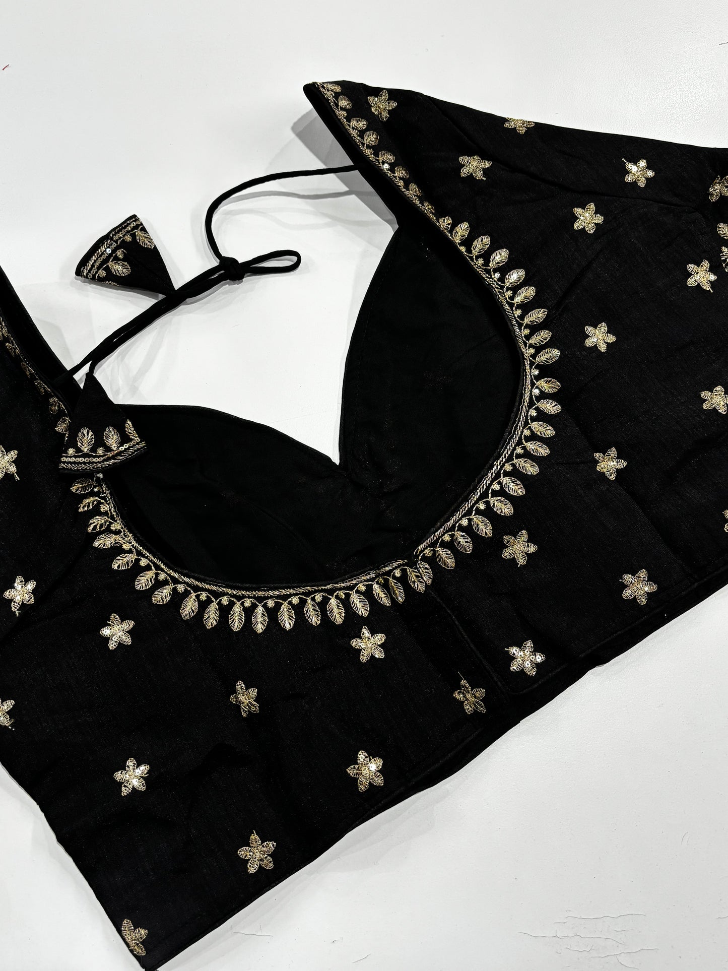 Elegantly Detailed Plus Size Black Traditional Embroidered Silk Saree Blouse with Gold Thread Work & Back Tassels | Shrees Fashion
