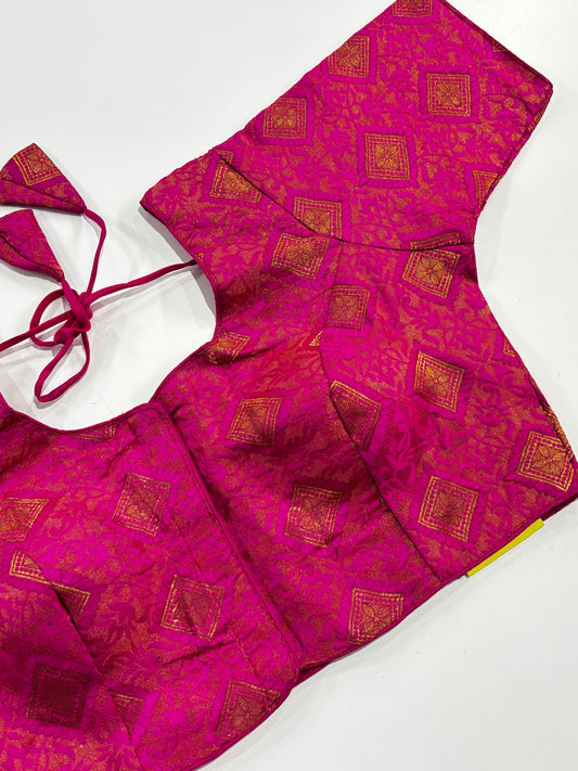 Radiant Rani Pink Brocade Blouse with Luxurious Golden Finish and Front Hook Closure | Shrees Fashion