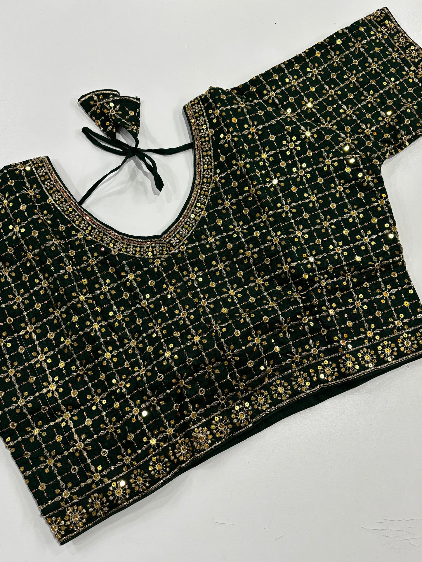 Beautiful Plus Size Green Embroidered Silk Blouse with Gold Work, Front Hooks & Matching Tassels | Shrees Fashion
