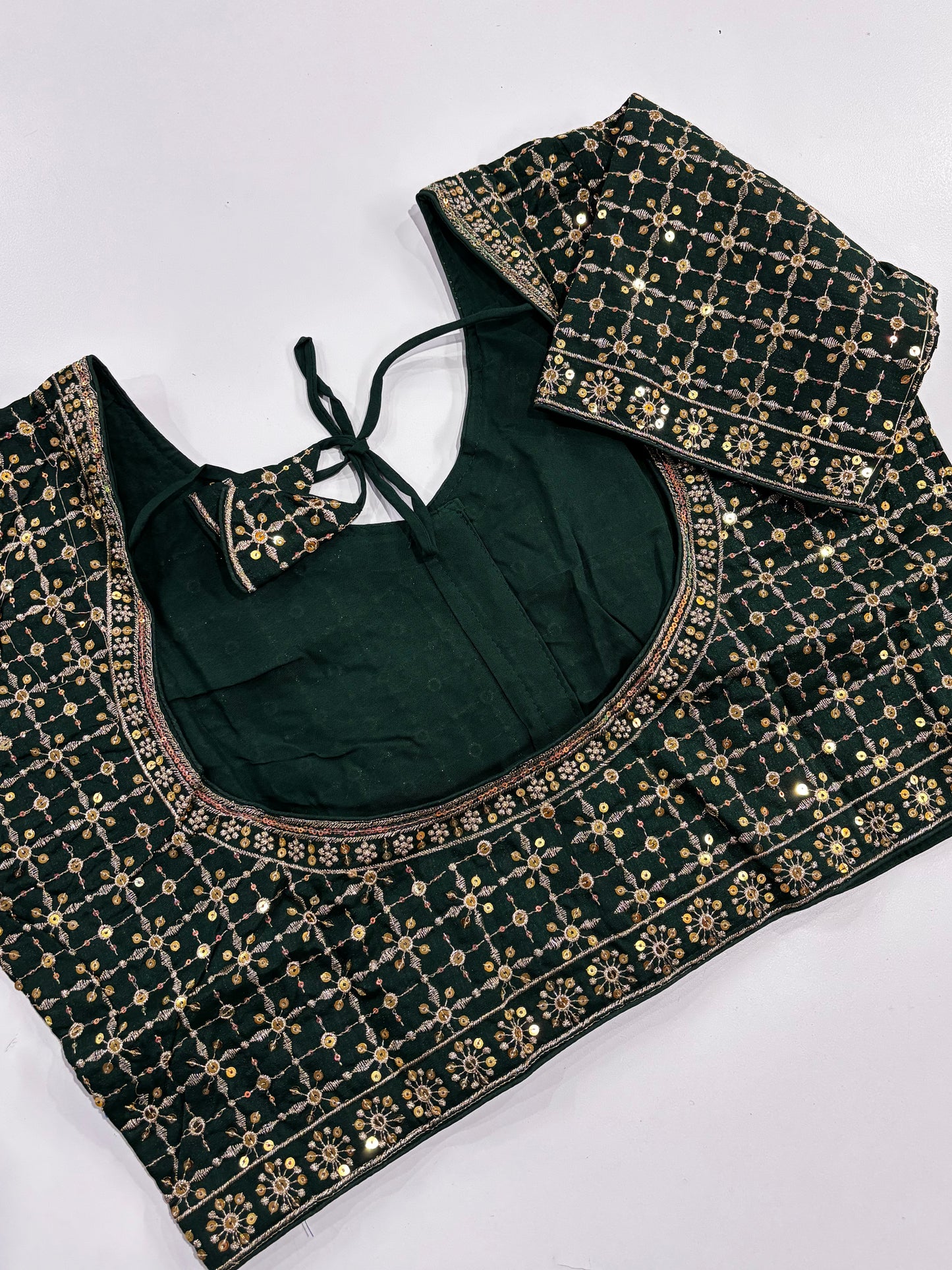 Beautiful Plus Size Green Embroidered Silk Blouse with Gold Work, Front Hooks & Matching Tassels | Shrees Fashion