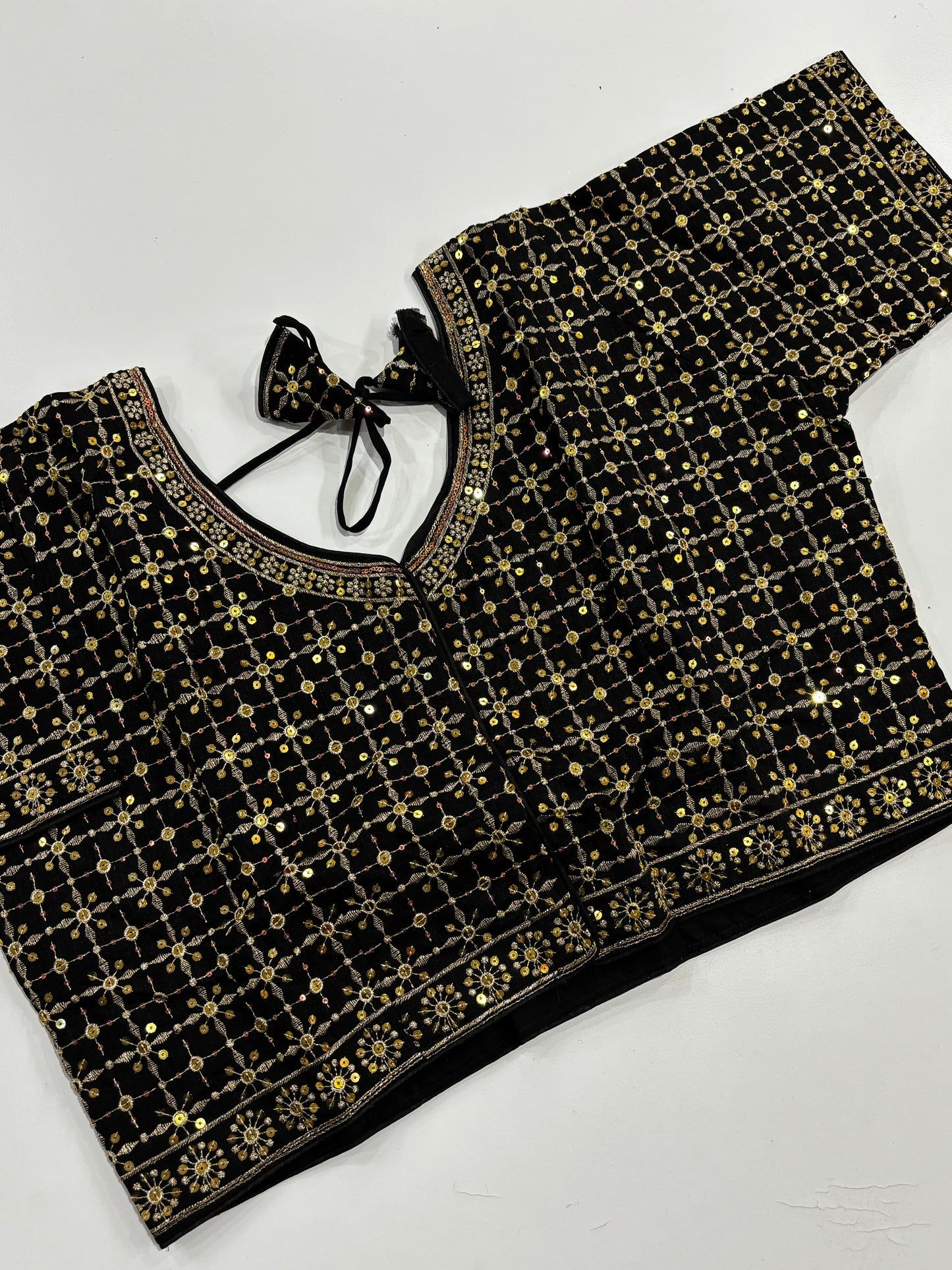 Elegantly Detailed Plus Size Black Embroidered Silk Saree Blouse with Gold Work & Back Tassels | Shrees Fashion
