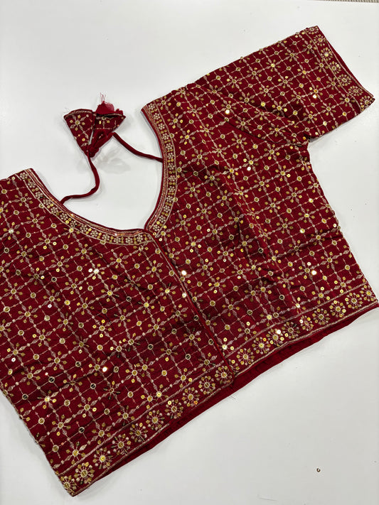 Elegantly Detailed Plus Size Maroon Embroidered Silk Saree Blouse with Gold Work & Back Tassels | Shrees Fashion
