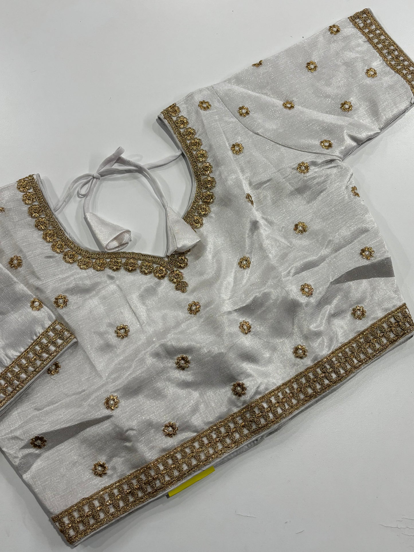 Elegantly Detailed Plus Size White Embroidered V‑Neck Silk Saree Blouse with Gold Work | Shrees Fashion