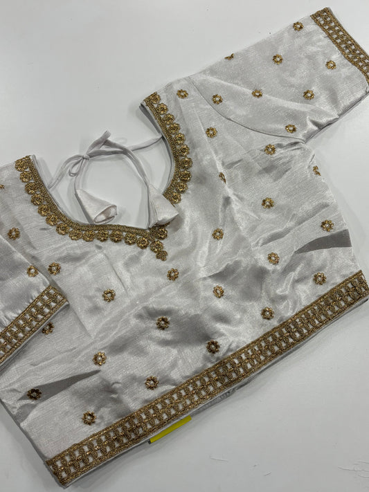 Elegantly Detailed Plus Size White Embroidered V‑Neck Silk Saree Blouse with Gold Work | Shrees Fashion