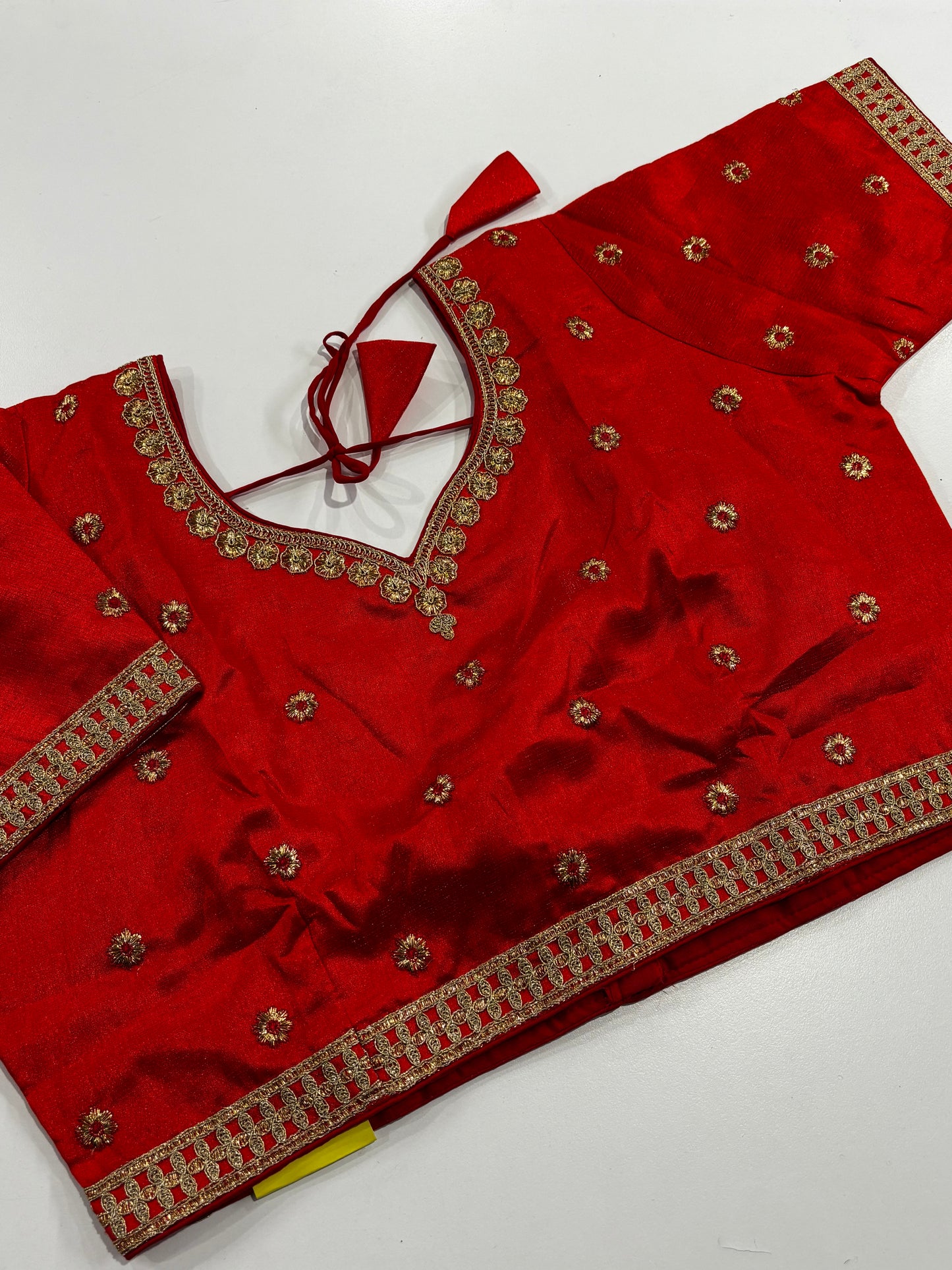 Radiant Plus Size Red V‑Neck Embroidered Silk Saree Blouse with Gold Detailing & Back Hook | Shrees Fashion