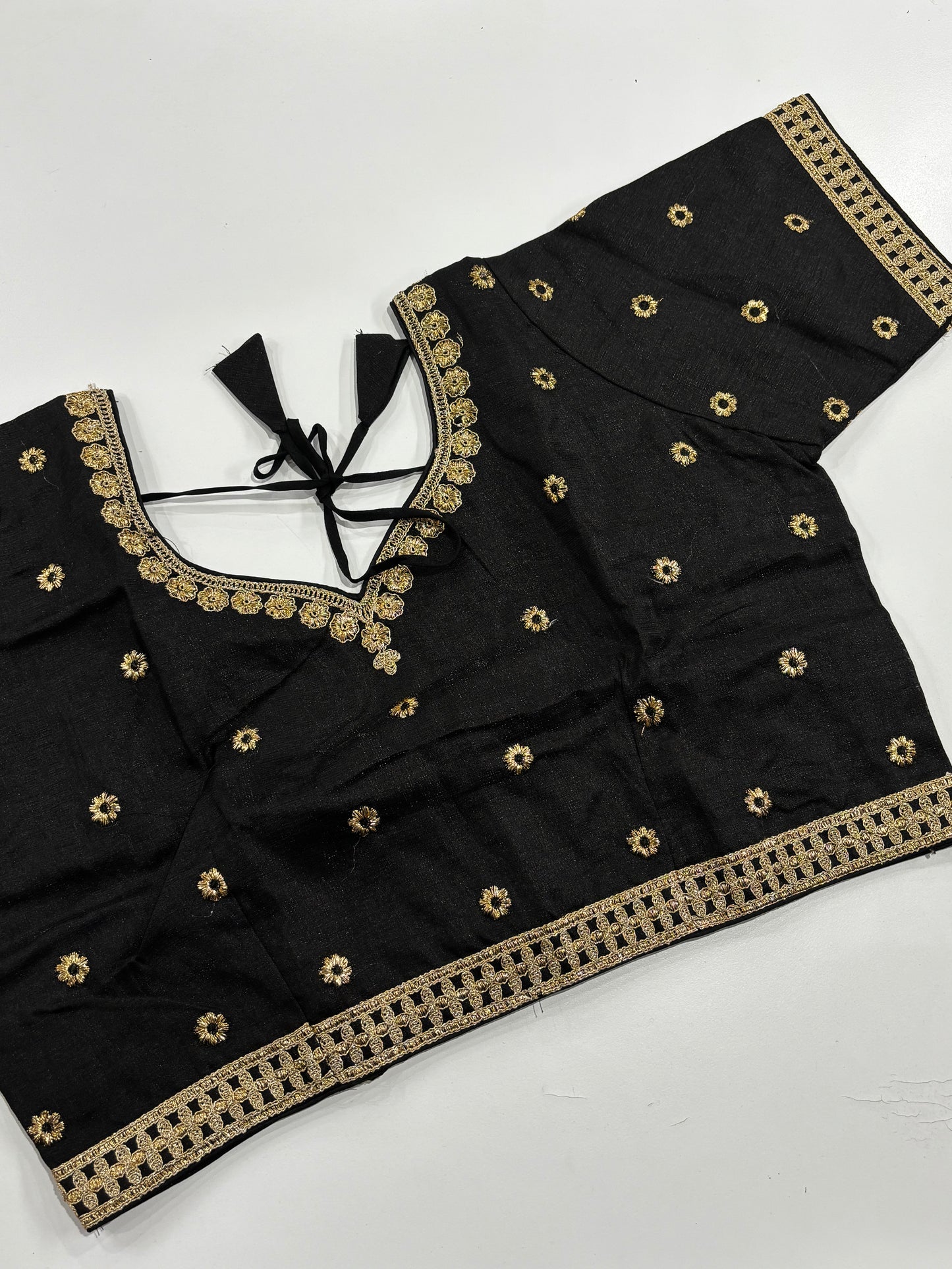 Traditional Plus Size Black Embroidered V‑Neck Silk Blouse with Gold Finish & Back Closure | Shrees Fashion