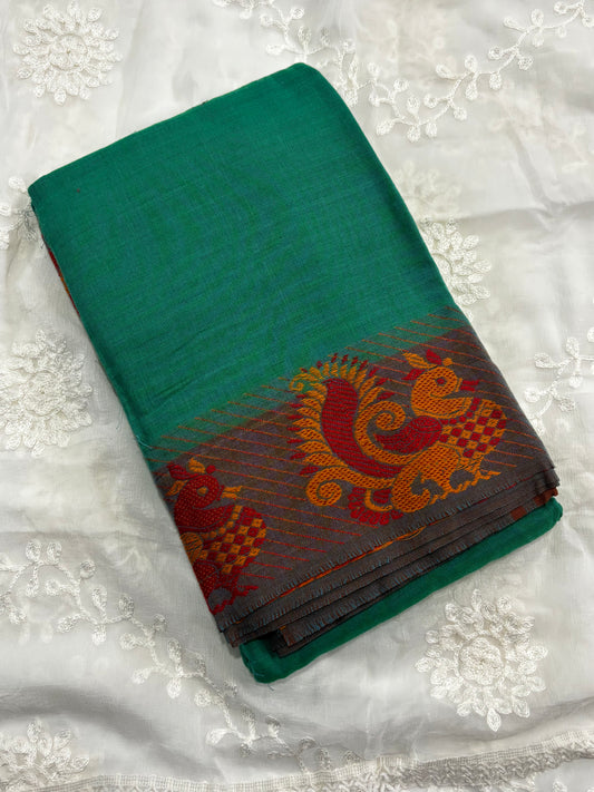 Green Bharatanatyam Practice Saree Featuring Traditional Peacock Design Border