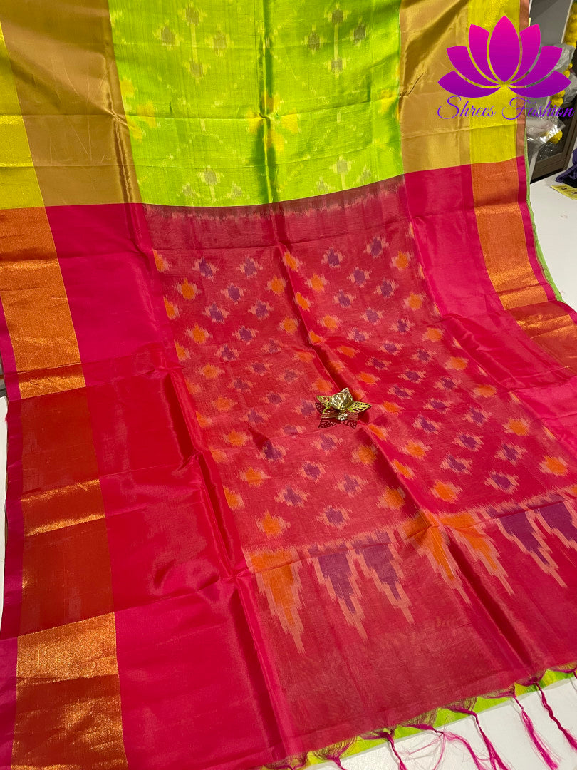 Parrot Elegance: Pochampalli Semi-Silk Saree in Parrot Green and Pink