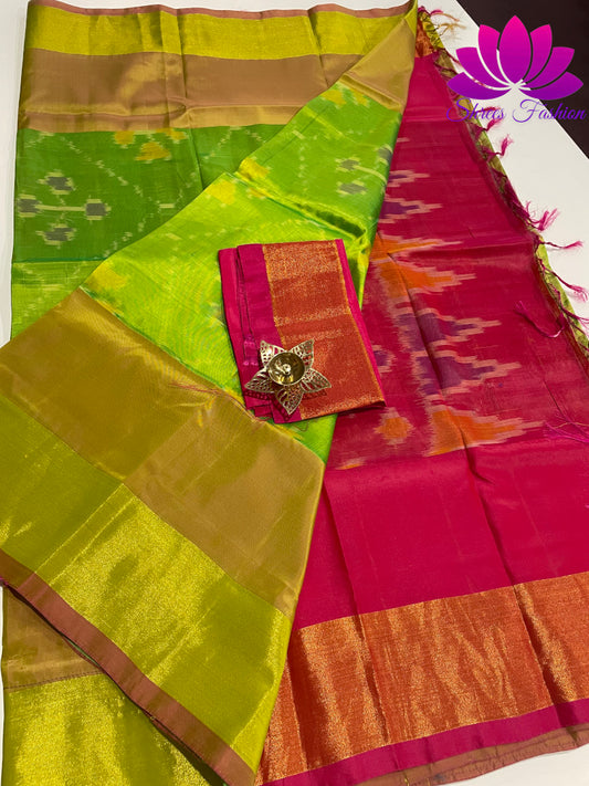 Parrot Elegance: Pochampalli Semi-Silk Saree in Parrot Green and Pink