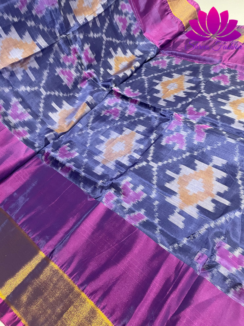 Blissful Harmony: Blue and Pink Pochampalli Semi-Silk Saree