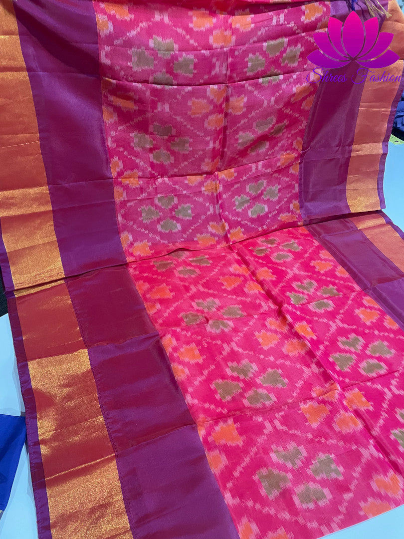 Tranquil Radiance: Pink and Blue Pochampalli Semi-Silk Saree