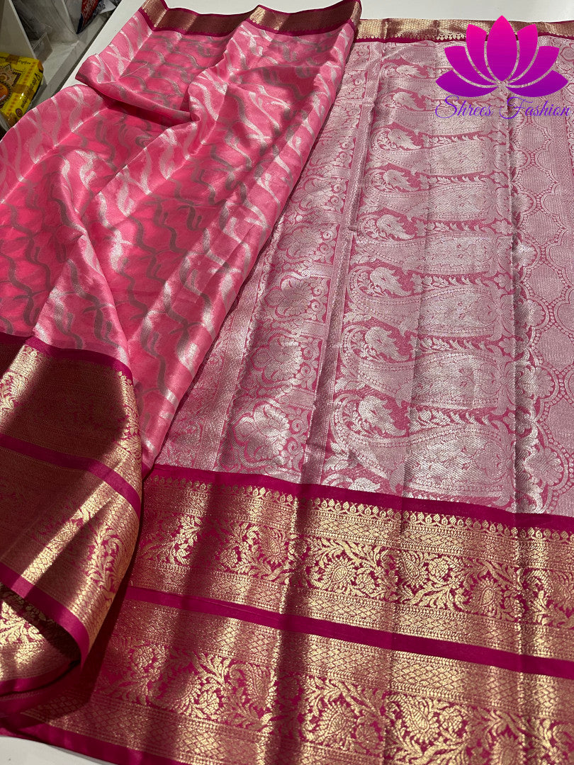 Radiant Pink Elegance: Silver Zari Banarasi Handloom Silk Saree with Gold Border