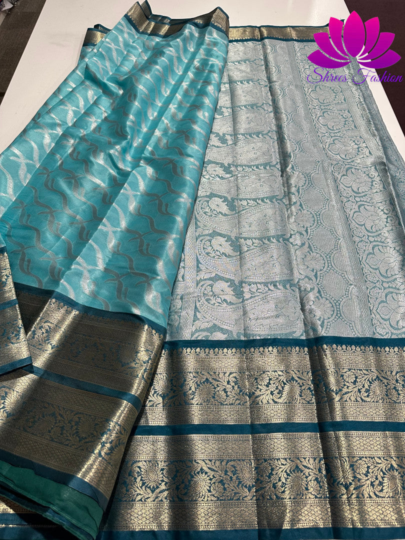 Sapphire Splendor: Silver Zari Blue Banarasi Handloom Silk Saree with Gold Border