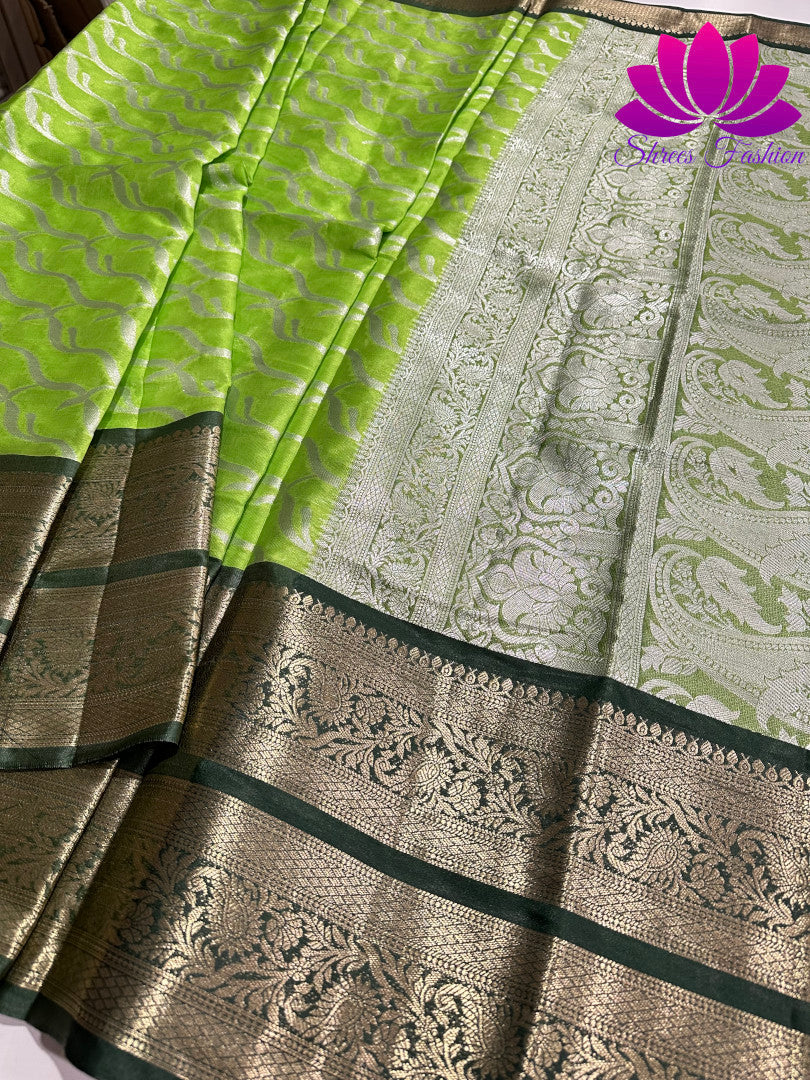 Parrot Green Elegance: Silver Zari Banarasi Handloom Silk Saree with Gold Border