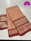 Peach Perfection: Silver Zari Banarasi Handloom Silk Saree with Gold Border