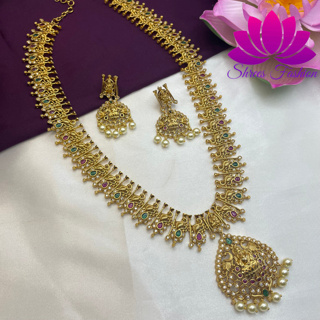 Peacock Elegance: A Divine Haram with Lakshmi Ji Pendant