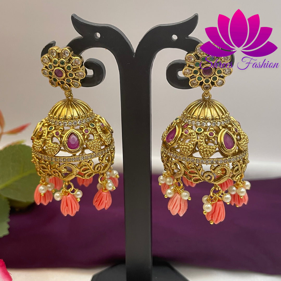 Sophisticated Blush: Matte Finish Jhumka with Pink Beads