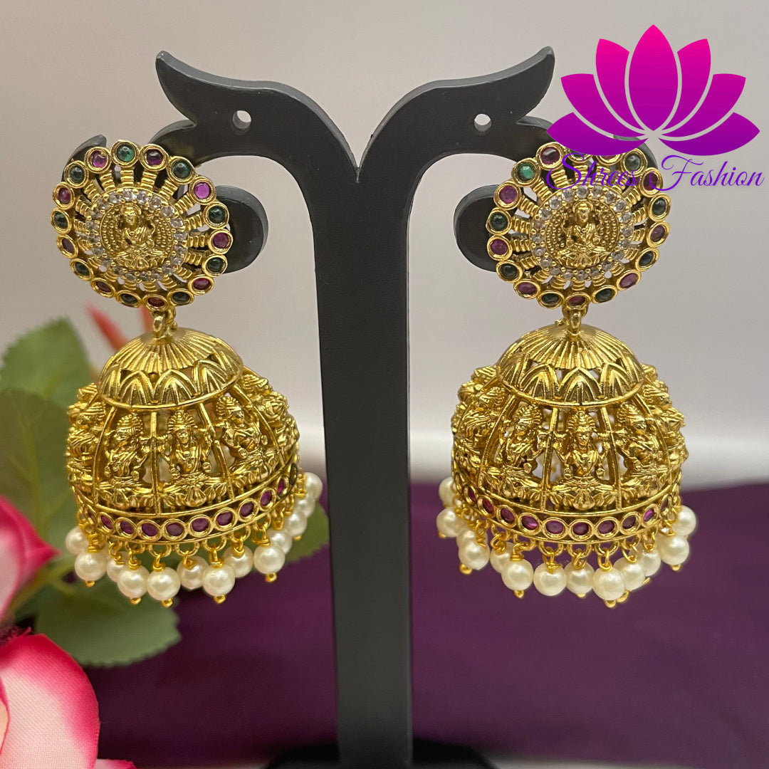 Divine Whiteness: Temple Design Jhumka Adorned with White Beads