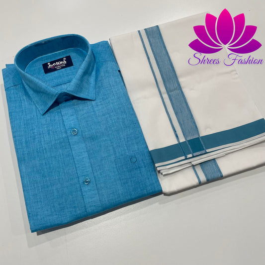 Sky Serenity: A Classic Fusion of Blue Shirt and Veshti / Dhoti Elegance