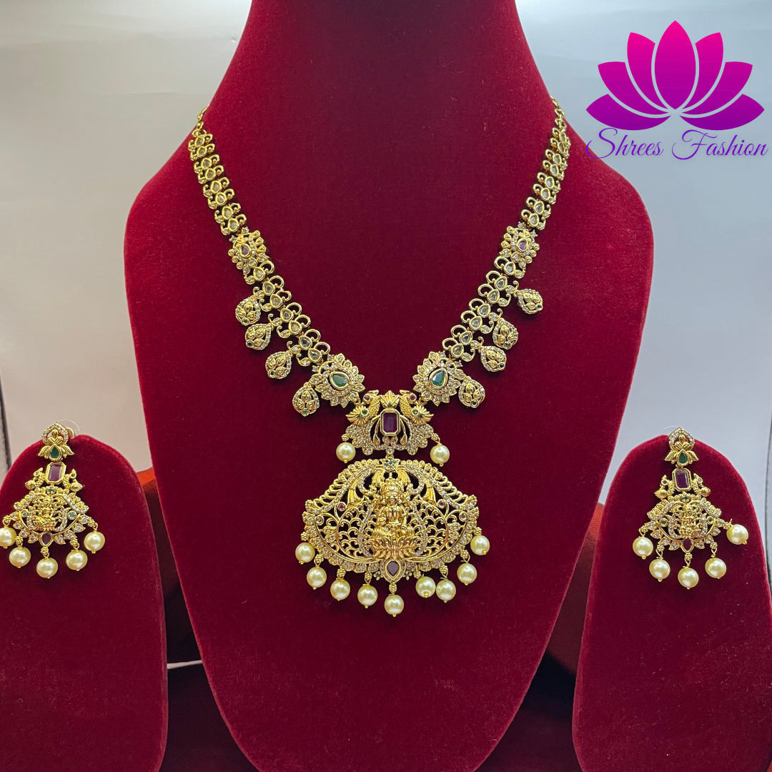 Radiant Elegance Matte Gold Finish Temple Design Necklace with CZ Stones | Shrees Fashion