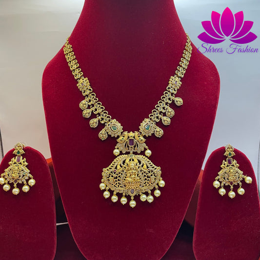 Radiant Elegance Matte Gold Finish Temple Design Necklace with CZ Stones
