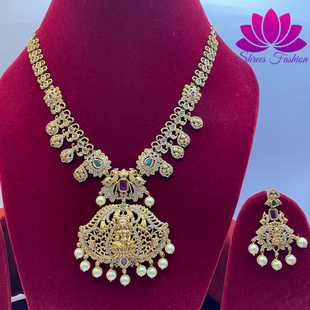 Radiant Elegance Matte Gold Finish Temple Design Necklace with CZ Stones | Shrees Fashion